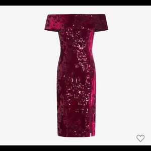 ADRIANNA PAPELL OFF-SHOULDER SEQUIN VELVET SHEATH DRESS IN GARNET